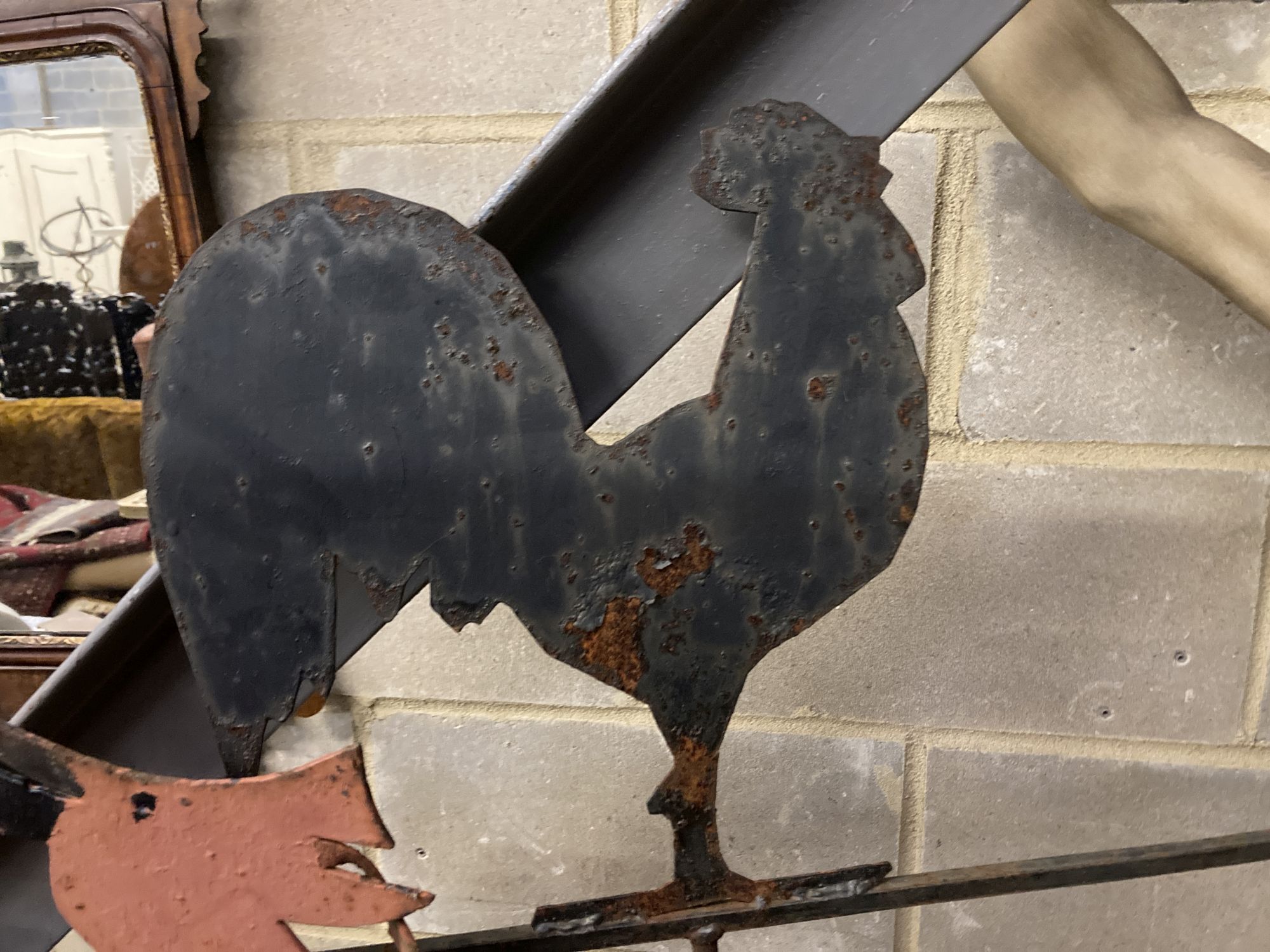 Three cast iron and metal weather vanes, largest 158cm high